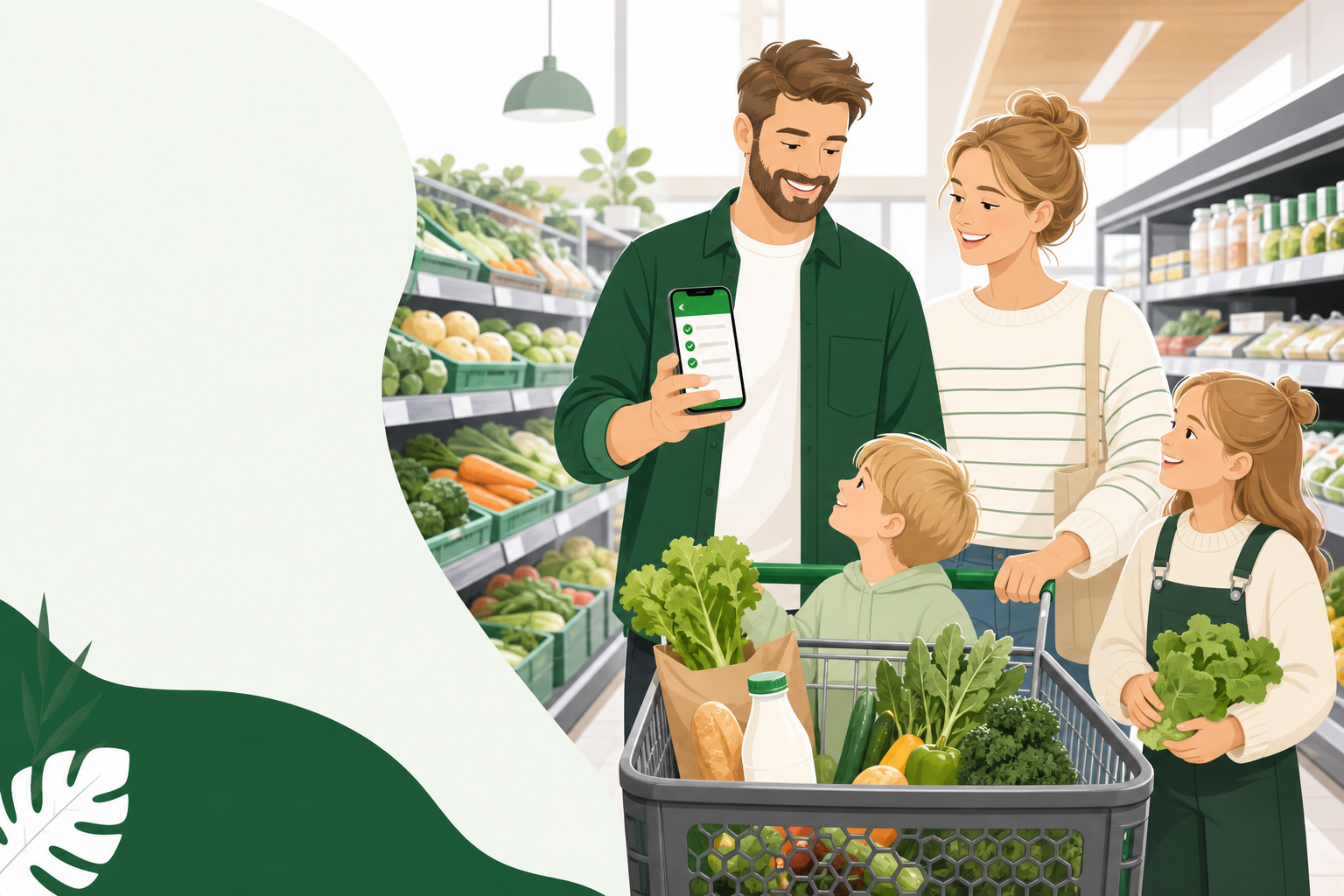 Familj som handlar mat med en delad inköpslista i mobilen